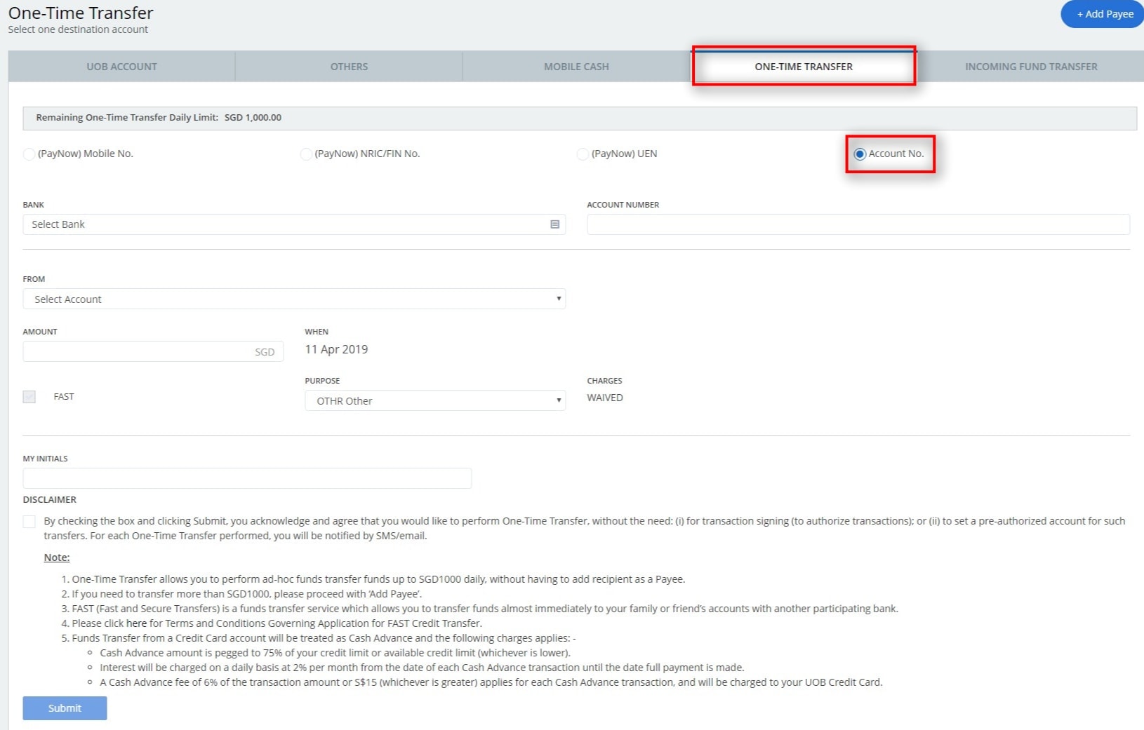 UOB - Transfer Fund - One Time Transfer