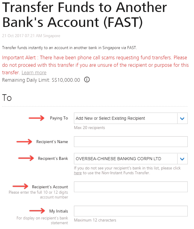 Fill in OCBC recipient details