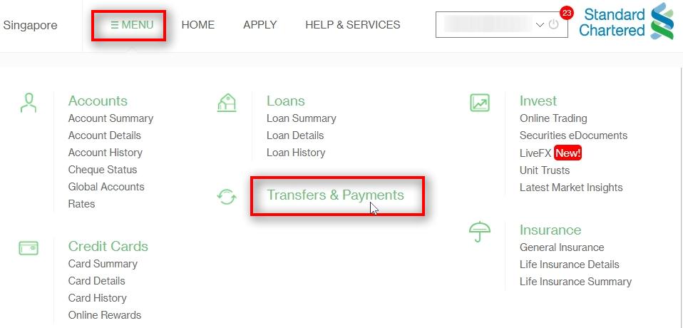 Click on Tansfers & Payments Go to Menu
Click on Transfers & Payments