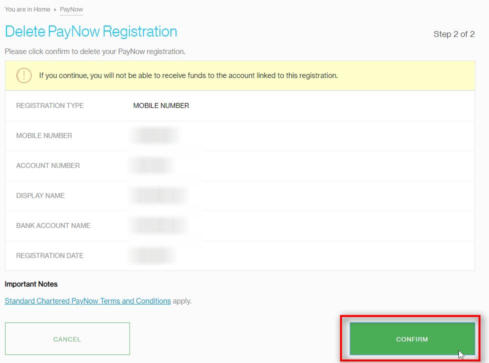 Delete PayNow Registration Click CONFIRM