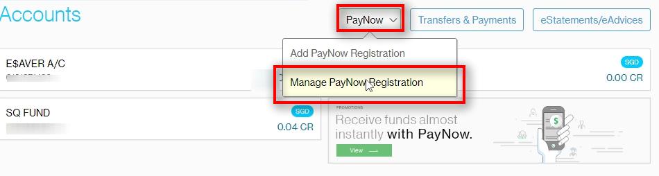 Click on Manage PayNow Registration Go to PayNow
Click on Manage PayNow Registration