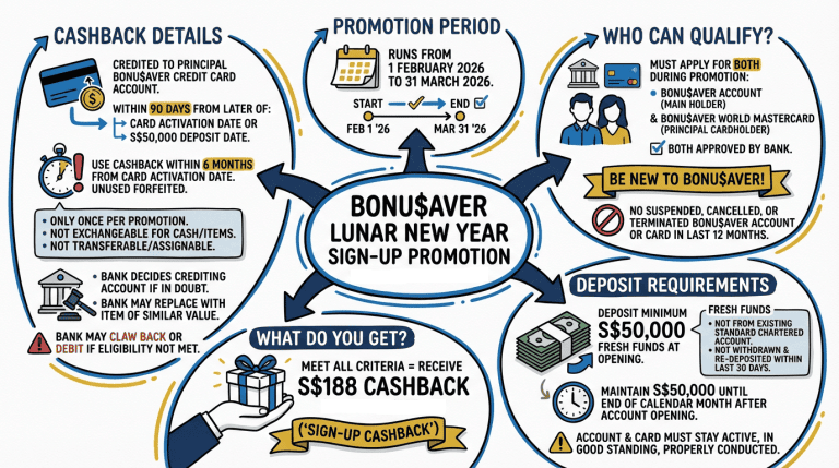 Lunar New Year bonus cashback of S$188 with minimum deposit of S$50,000 at Singapore banks.