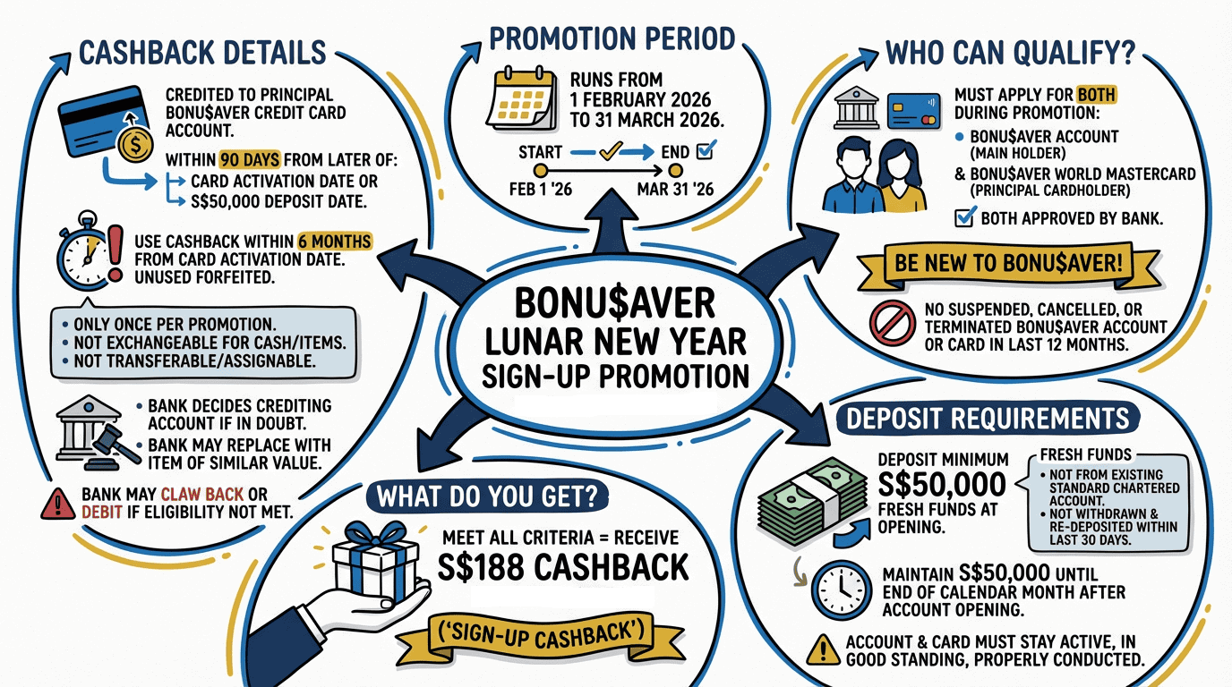 Lunar New Year bonus cashback of S$188 with minimum deposit of S$50,000 at Singapore banks.