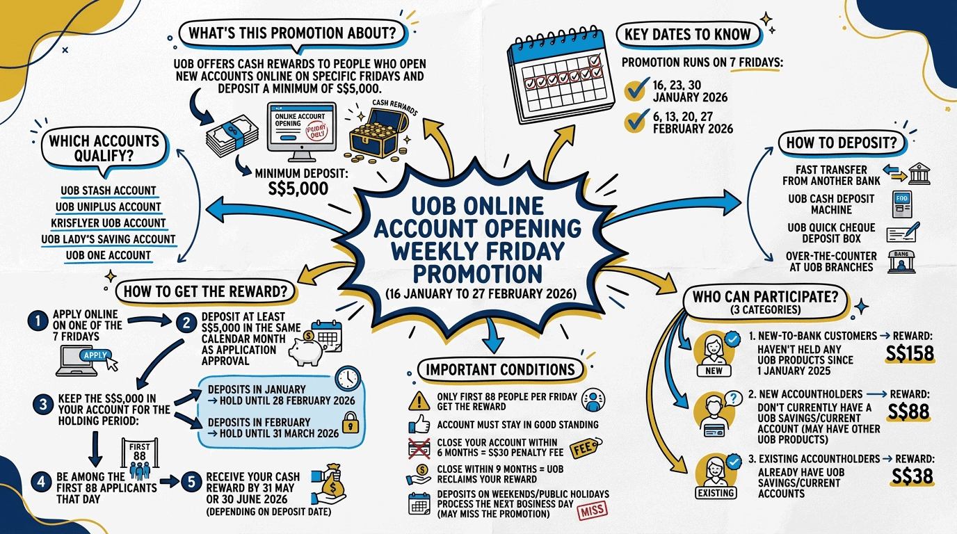 UOB online account opening promotion for Fridays, January-February 2026. Earn rewards, deposit bonus.